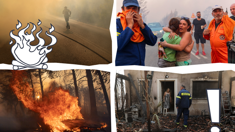 Vier Fotos: Rauch, Menschen die sich in den Arm nehmen, Feuer, und ein ausgebranntes Haus