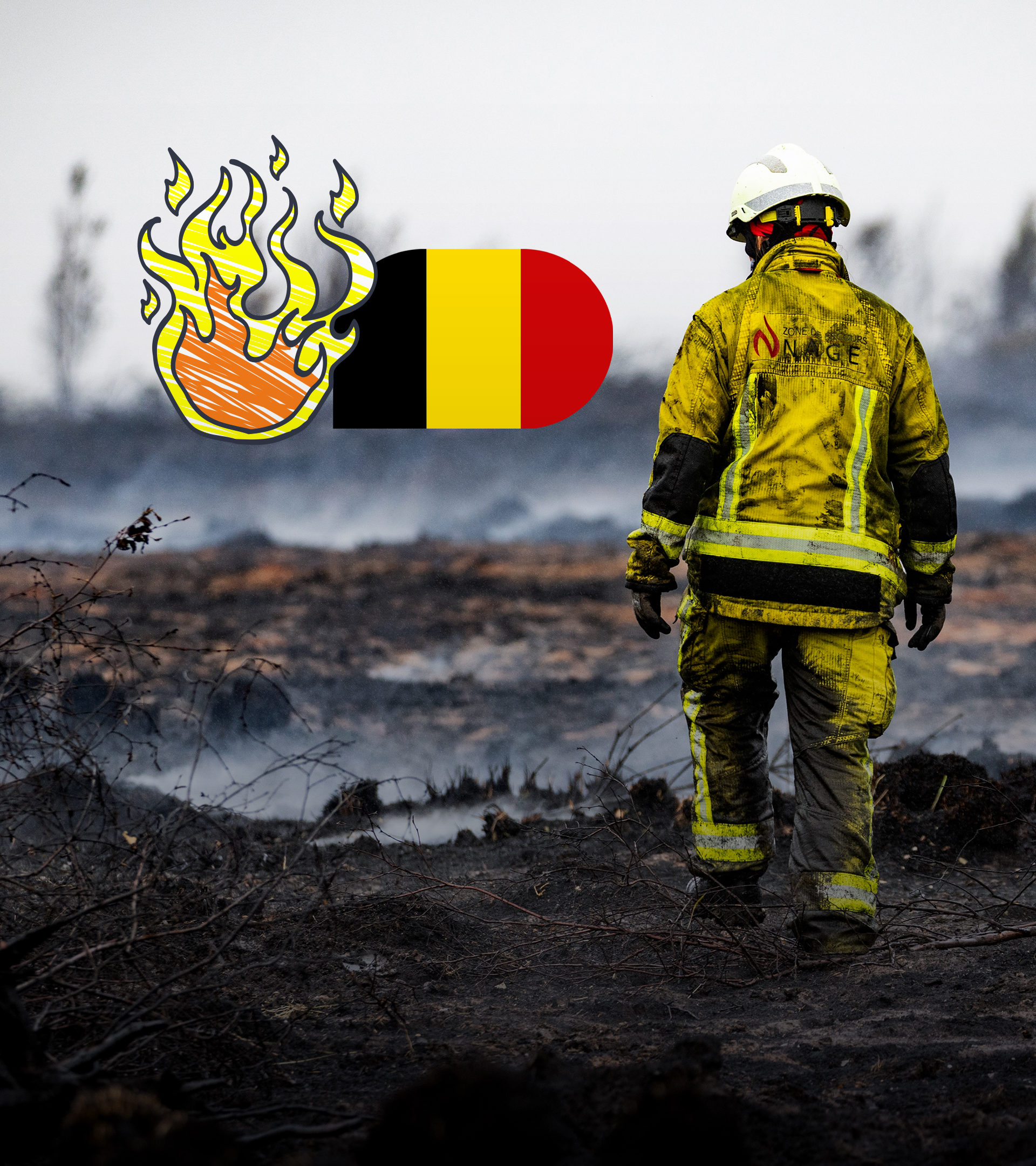 Feuerwehrmann läuft über eine rauchende Landschaft, belgische Flagge und Flammen 