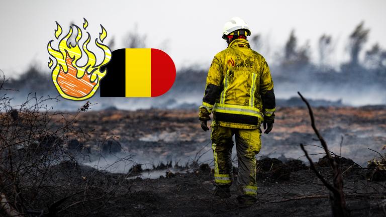 Feuerwehrmann läuft über eine rauchende Landschaft, belgische Flagge und Flammen 