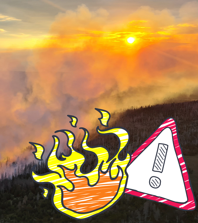 Rauch über dem Harz bei Sonnenuntergang, Grafik von Feuer und Warnschild