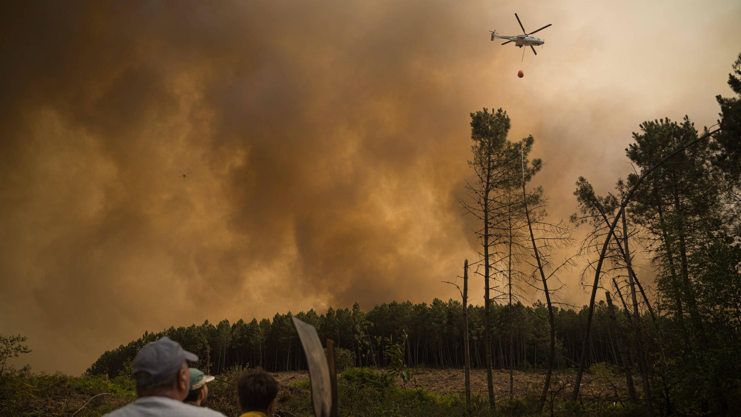 Ein Hubschrauber löscht einen Waldbrand aus der Luft.