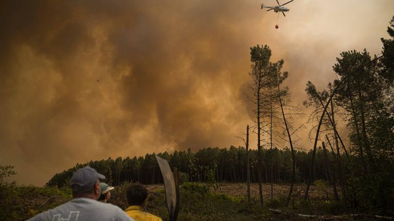 Ein Hubschrauber löscht einen Waldbrand aus der Luft.