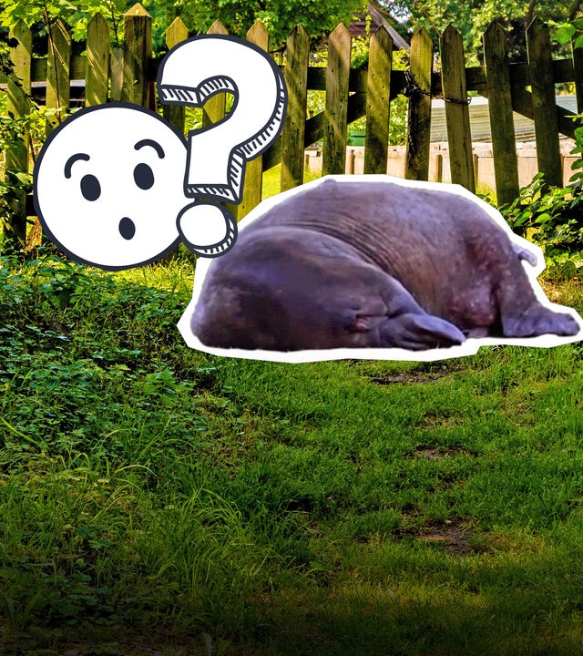 Foto-Collage: Ein Garten im Hintergrund. Darauf ein Cut-Out einer großen grauen Masse. Daneben ein Fragezeichen und ein erstaunt schauendes Emoji