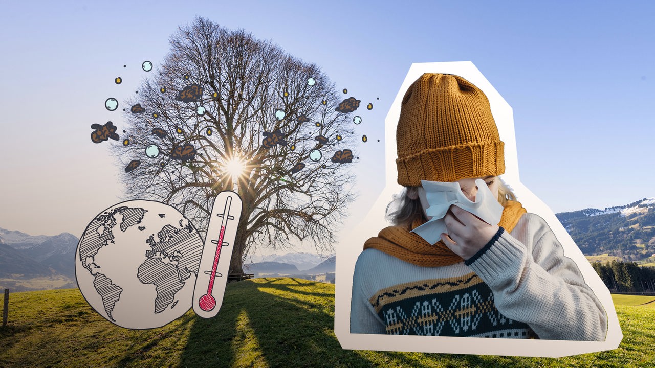 Baum; Pollen; Kind das die Nase schnäubt; Erde; hohe Temperatur auf dem Termometer