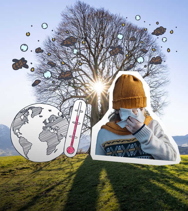 Baum; Pollen; Kind das die Nase schnäubt; Erde; hohe Temperatur auf dem Termometer