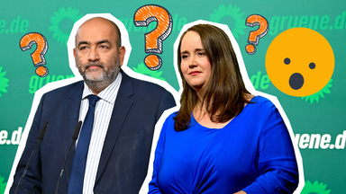 Omid Nouripour und Ricarda Lang stehen nebeneinander, daneben ist ein überraschter Smiley