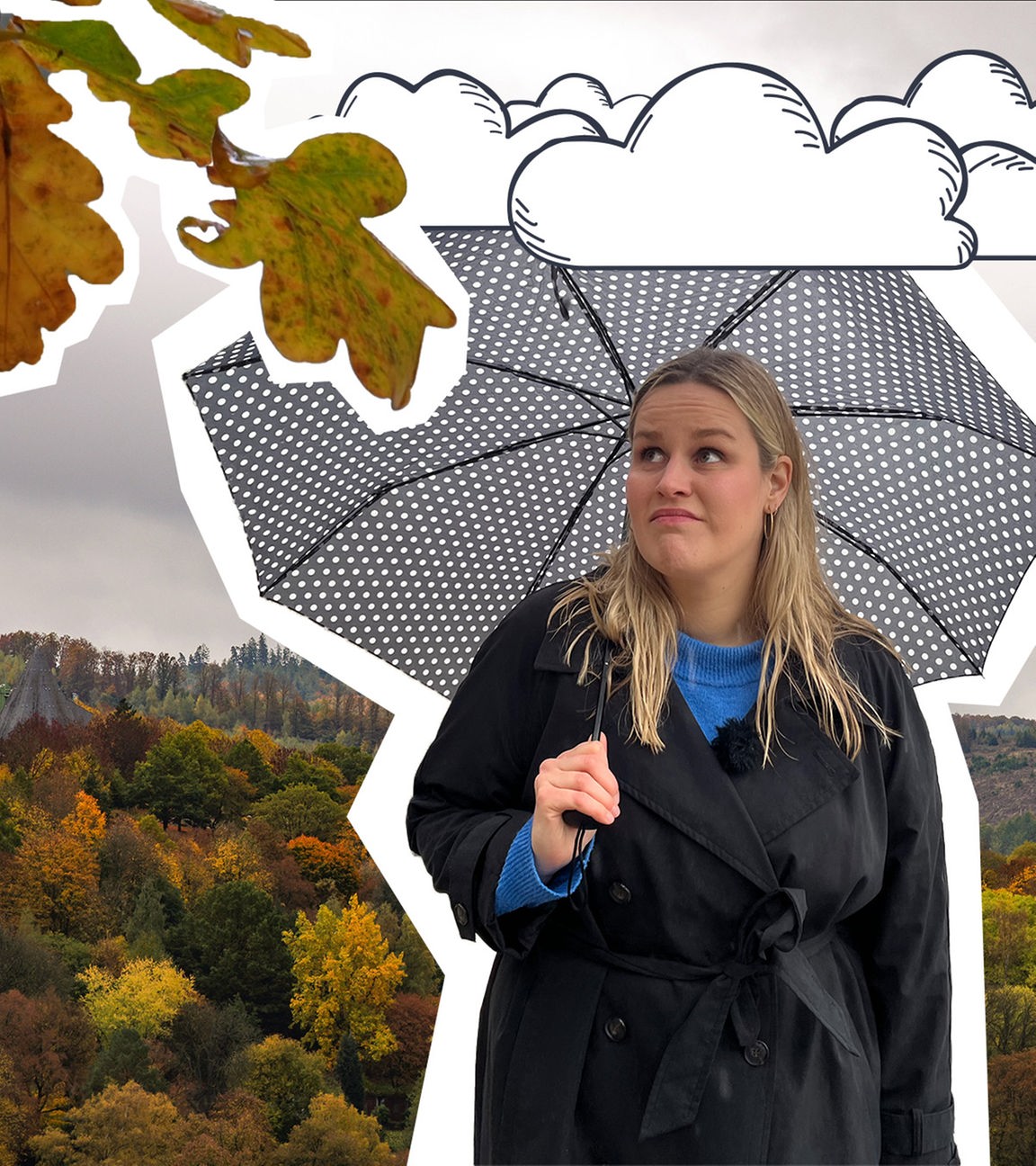 Isabelle schaut bedrückt mit einem Regenschirm in der Hand, über ihre Wolken und herbstliche Bläter, im Hintergrund trübes Wetter und ein Herbstwald