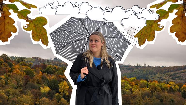 Isabelle schaut bedrückt mit einem Regenschirm in der Hand, über ihre Wolken und herbstliche Bläter, im Hintergrund trübes Wetter und ein Herbstwald