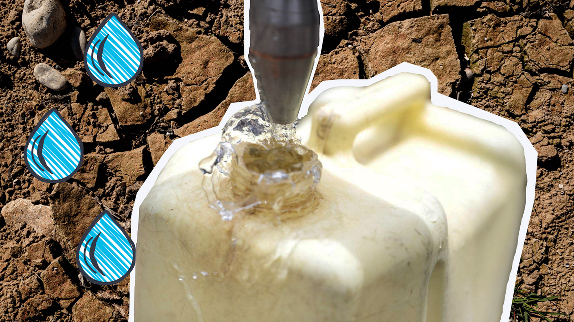 Wasserkanister mit Wassertropfen und im Hintergrund ausgedörrter Boden