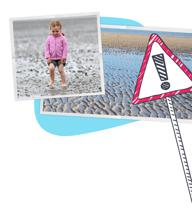 Zu sehen ist ein kleines Mädchen im Wattenmeer. Daneben ist ein Schild mit einem Ausrufezeichen. im Hintergrund ist eine grafische, blaue Fläche zu sehen.