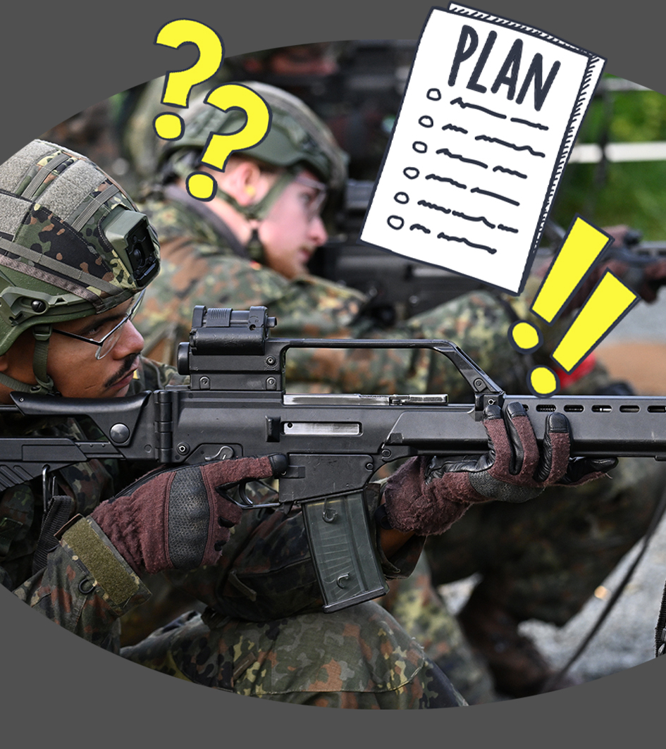 Soldatinnen in der Ausbildung, Grafik von Plan, Ausrufe- und Fragezeichen