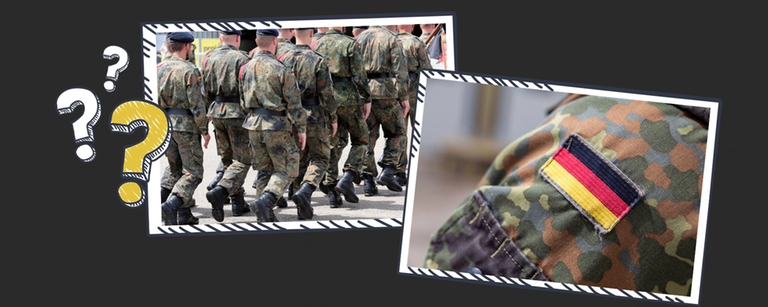 Bundeswehr-Soldaten, Nahaufnahme Deutschlandflagge auf Uniform, Fragezeichen