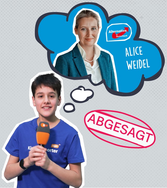 Kinderreporter Ilian mit einer Gedankenblase, in der Alice Weidel auf schwarzem Grund mit Parteilogo und Namen drauf ist, dazu ein Stempel mit "Abgesagt".