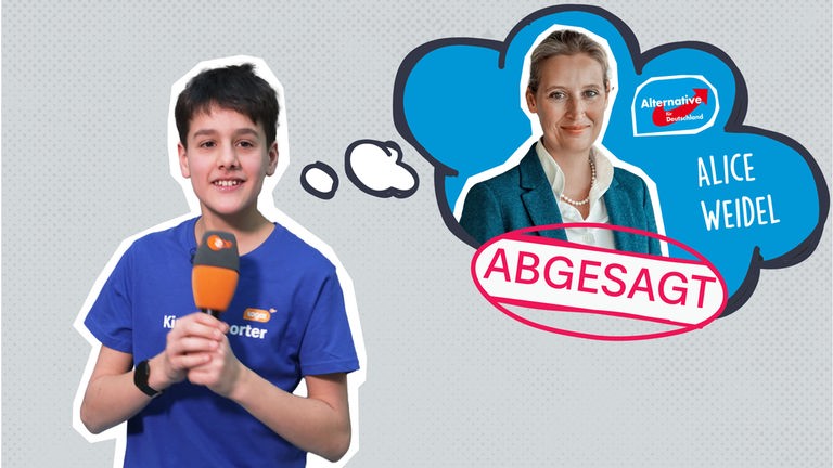 Kinderreporter Ilian mit einer Gedankenblase, in der Alice Weidel auf schwarzem Grund mit Parteilogo und Namen drauf ist, dazu ein Stempel mit "Abgesagt".