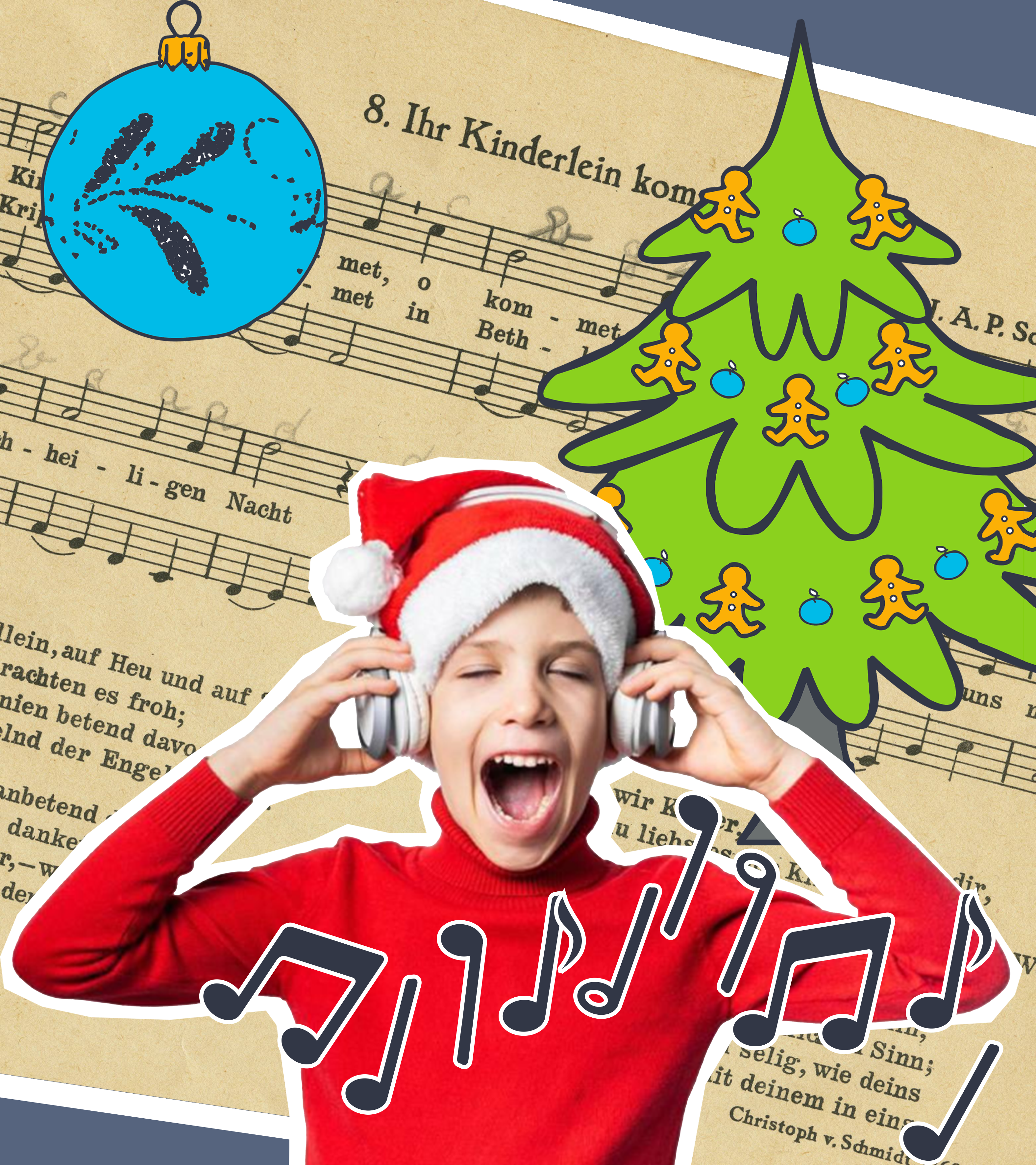 Junge mit Weihnachtsmütze singt, im Hintergrund Noten, Weihnachtsbaum und Christbaumkugel.