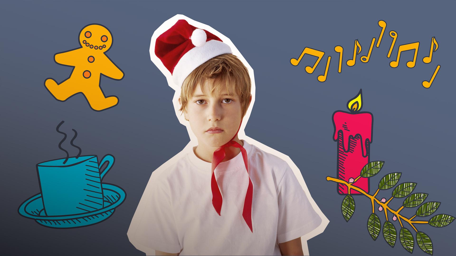 Junge hat Weihnachtsmütze auf und guckt motzig in die Kamera und Weihnachtsgrafiken von Musik, Tee, Plätzchen und Kerze mit Zweig.