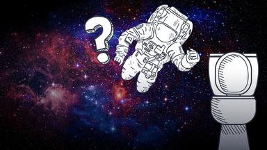 Astronaut und eine gedoodelte Toilette im Weltall. Zwischen diesen beiden ist ein Pfeil, der auf den Astronauten zeigt.