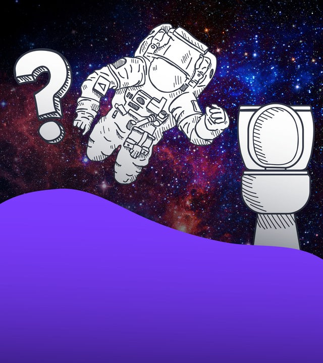 Astronaut und eine gedoodelte Toilette im Weltall. Zwischen diesen beiden ist ein Pfeil, der auf den Astronauten zeigt.