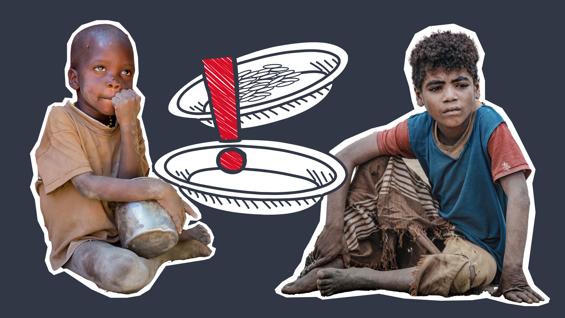 Zwei hungernde Kinder, Grafiken mit leeren Tellern