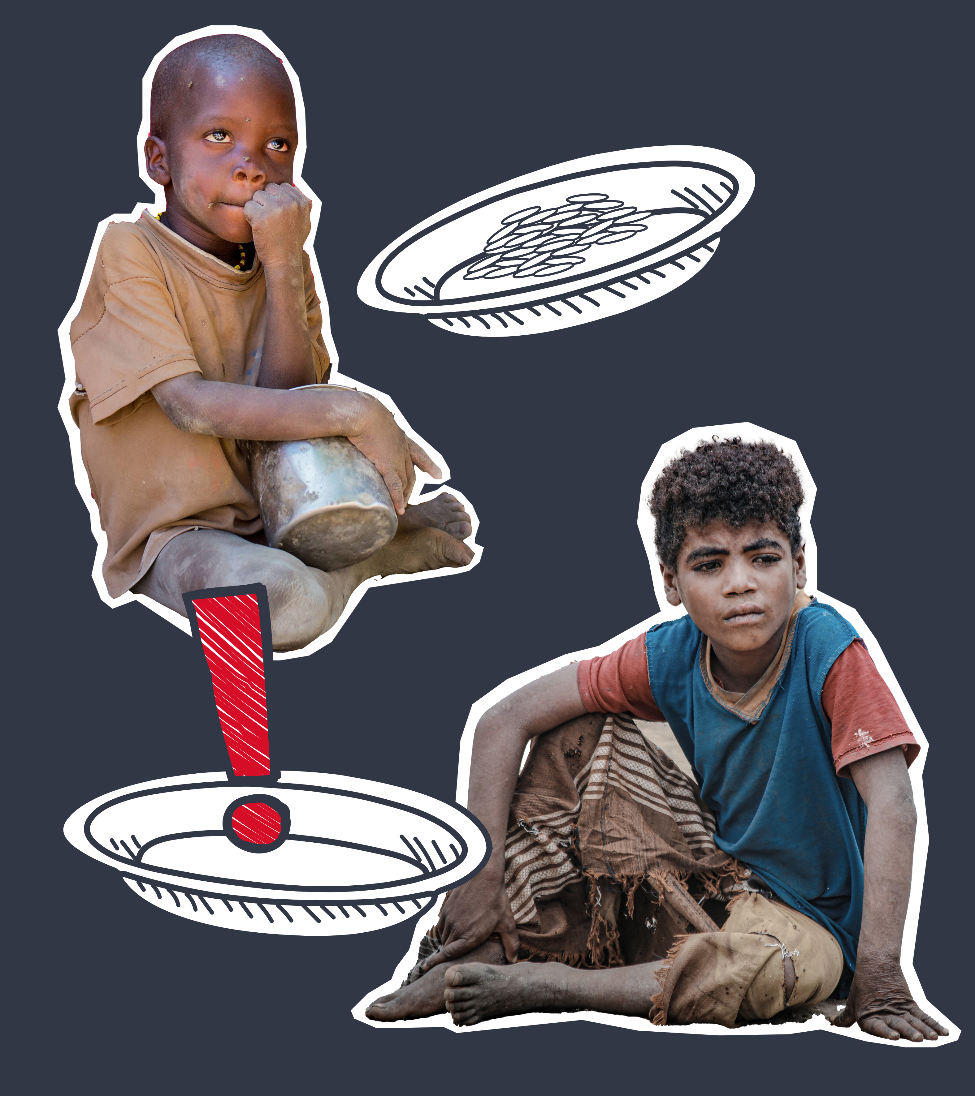 Zwei hungernde Kinder, Grafiken mit leeren Tellern