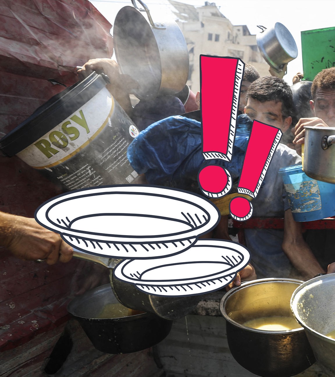 Auf dem Bild sind Palästiner zu sehen, die darauf warten, eine warme Mahlzeit in einen von ihnen in der Hand haltenden Container zu bekommen.