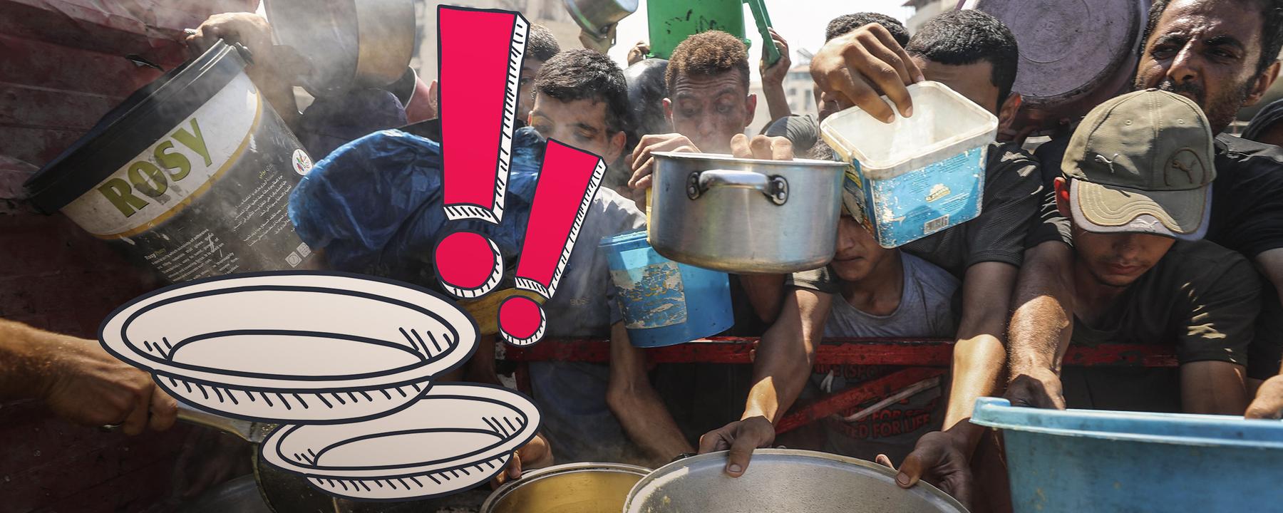 Auf dem Bild sind Palästiner zu sehen, die darauf warten, eine warme Mahlzeit in einen von ihnen in der Hand haltenden Container zu bekommen.