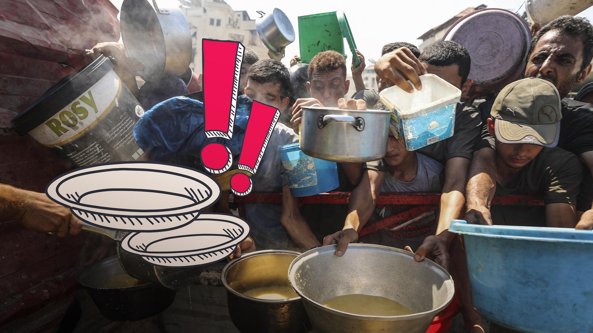 Auf dem Bild sind Palästiner zu sehen, die darauf warten, eine warme Mahlzeit in einen von ihnen in der Hand haltenden Container zu bekommen.