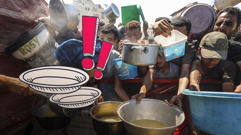 Auf dem Bild sind Palästiner zu sehen, die darauf warten, eine warme Mahlzeit in einen von ihnen in der Hand haltenden Container zu bekommen.