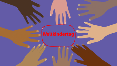 Grafik: Hände unterschiedlicher Hautfarben greifen nach Label "Weltkindertag" 