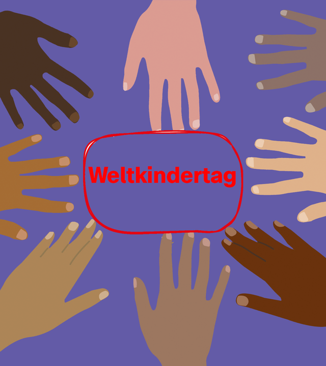 Grafik: Hände unterschiedlicher Hautfarben greifen nach Label "Weltkindertag" 