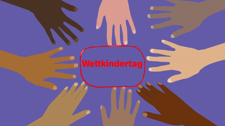 Grafik: Hände unterschiedlicher Hautfarben greifen nach Label "Weltkindertag" 