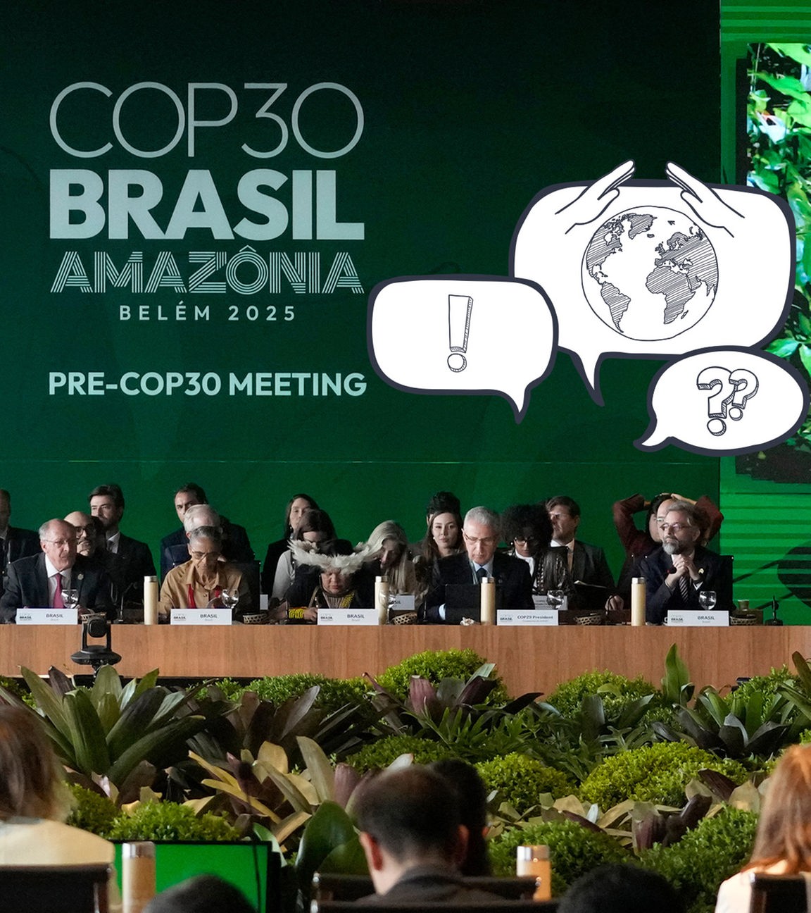 Menschen sitzen in einem grün dekorierten Konferenzsaal, darüber Comic-Sprechblasen mit Ausrufezeichen ,CO2, eine Weltkugel mit schützenden Händen darüber und Fragezeichen