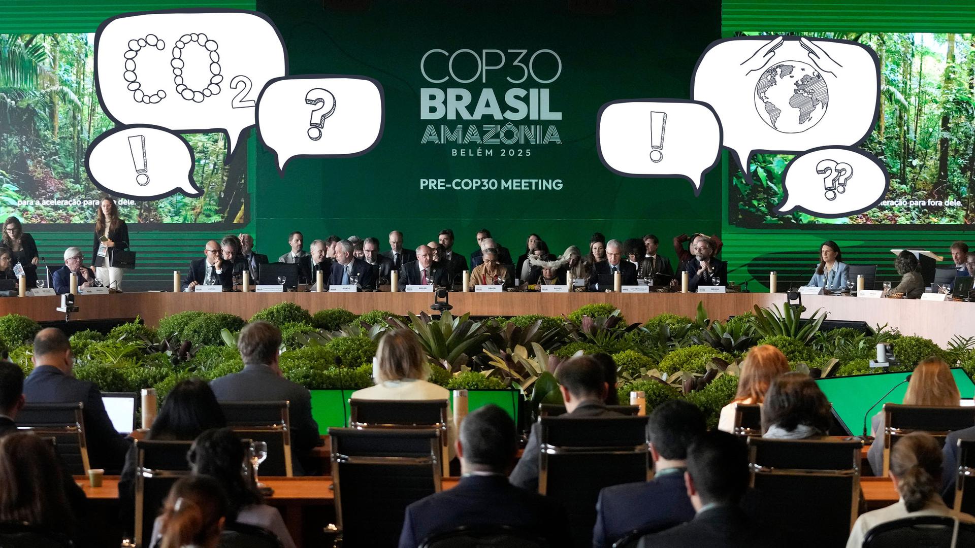 Menschen sitzen in einem grün dekorierten Konferenzsaal, darüber Comic-Sprechblasen mit Ausrufezeichen ,CO2, eine Weltkugel mit schützenden Händen darüber und Fragezeichen