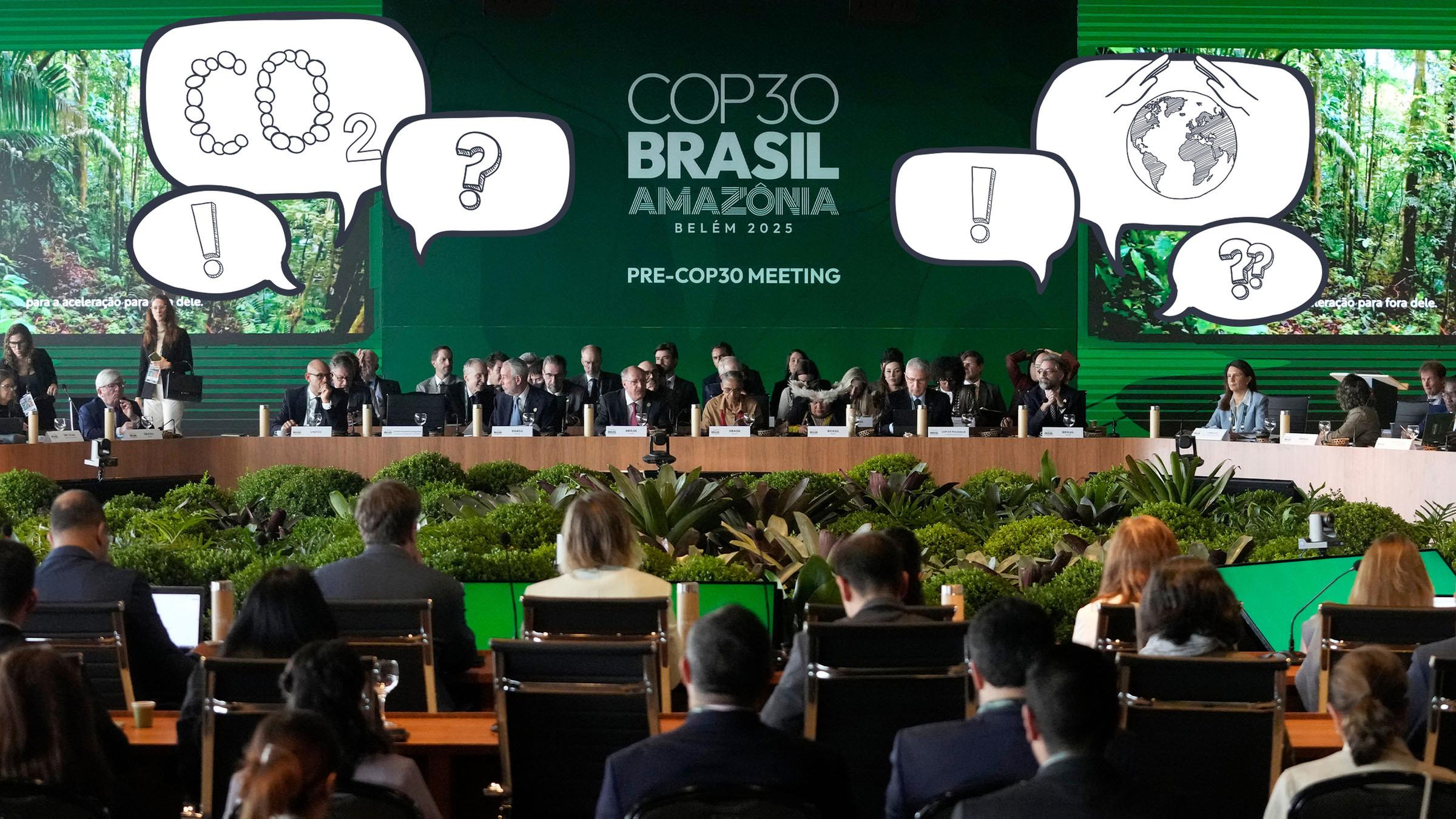 Menschen sitzen in einem grün dekorierten Konferenzsaal, darüber Comic-Sprechblasen mit Ausrufezeichen ,CO2, eine Weltkugel mit schützenden Händen darüber und Fragezeichen