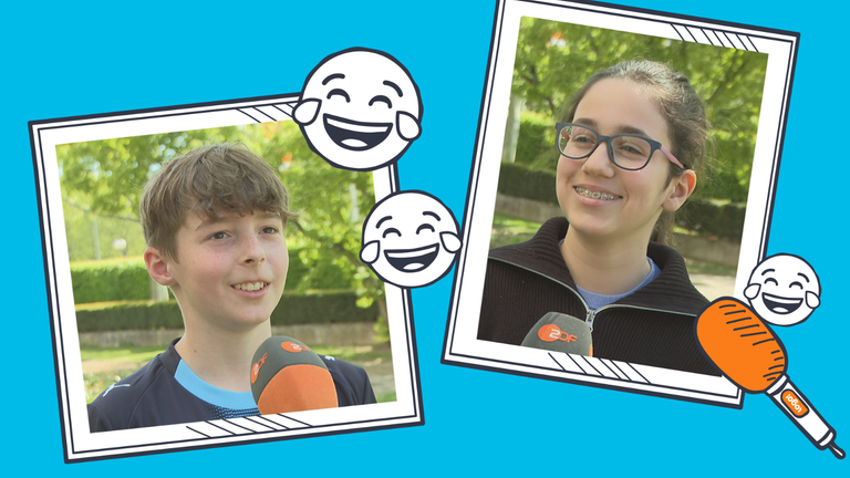 Zwei Jungs stehen vor einem ZDF-Mikro und lachen, daneben sind drei Lach-Smileys zu sehen.