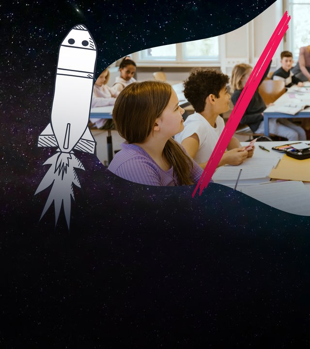 Weltraum statt Klassenzimmer? Durchgestrichenes Klassenzimmer, Rakete fliegt durchs All