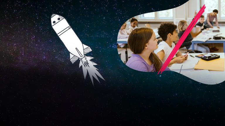 Weltraum statt Klassenzimmer? Durchgestrichenes Klassenzimmer, Rakete fliegt durchs All