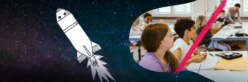 Weltraum statt Klassenzimmer? Durchgestrichenes Klassenzimmer, Rakete fliegt durchs All