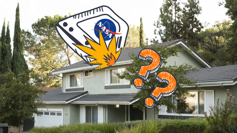 Ein Raumschiff (Grafik) trifft ein Einfamilienhaus, Fragezeichen