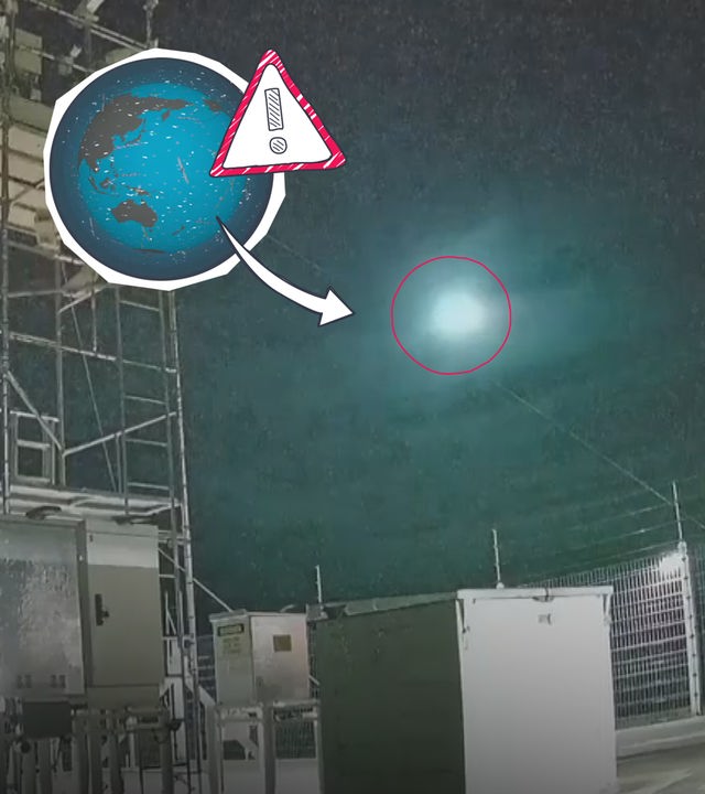 Collage: Grafische Erde mit Weltraumschrott, daneben Warnschild, von dort führt Pfeil zu echtem Foto, wie Weltraumschrott in Erdamtosphäre verglüht