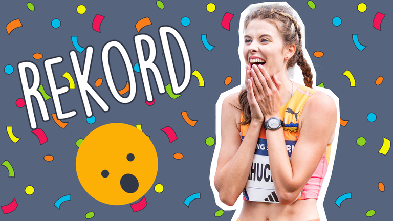 Hochspringerin Jaroslawa Mahutschich jubelt nach ihrem Weltrekord, dazu Grafiken mit dem Schriftzug Rekord, Konfetti und überraschtes Emoji