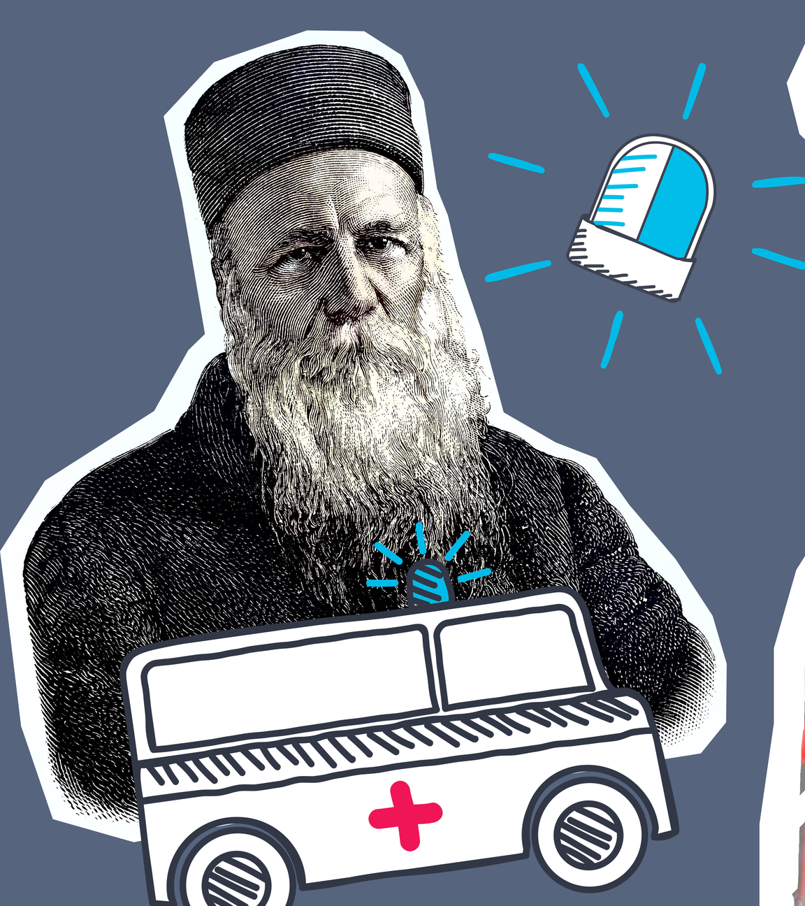 Henry Dunant, das rote Kreuz und der Krankenwagen mit Blaulicht