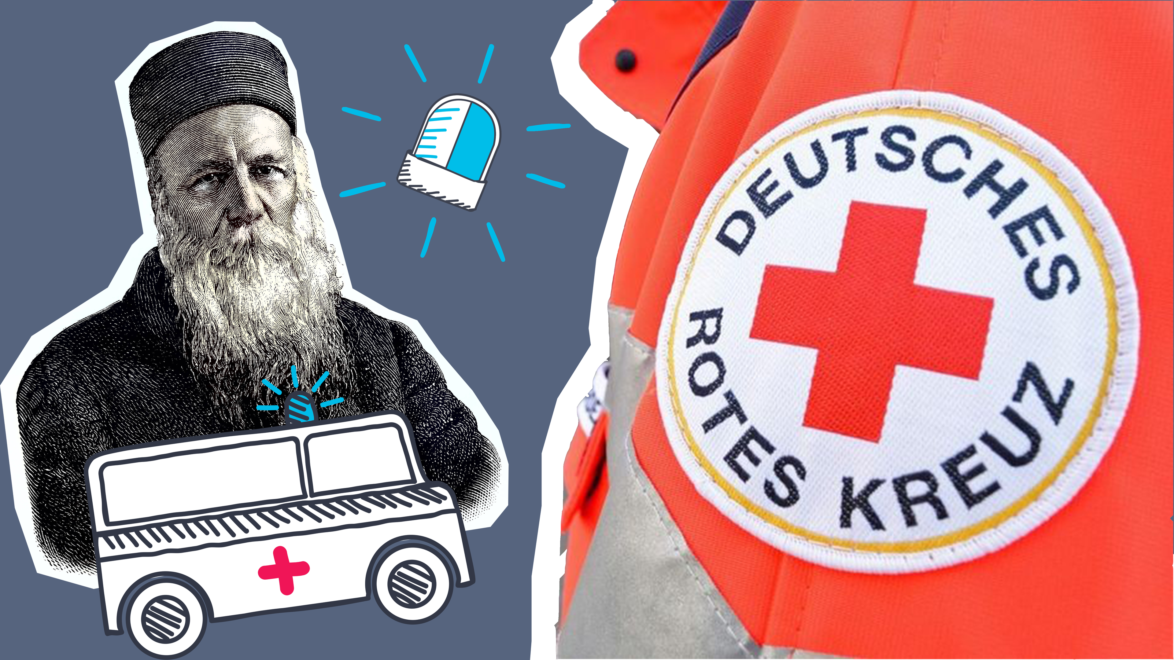 Henry Dunant, das rote Kreuz und der Krankenwagen mit Blaulicht