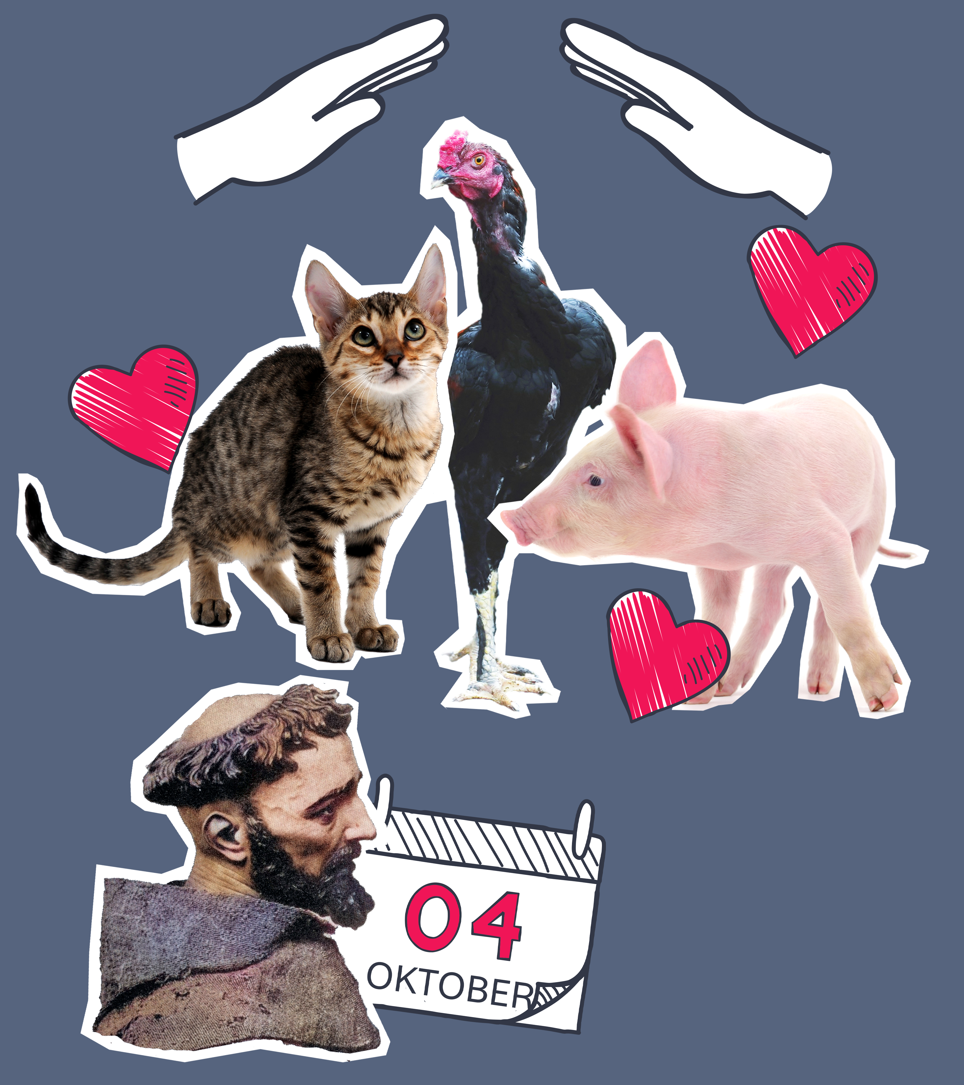 Mehrere Tiere unter schützenden Händen, Franz von Assisi, Kalender und Herzchen