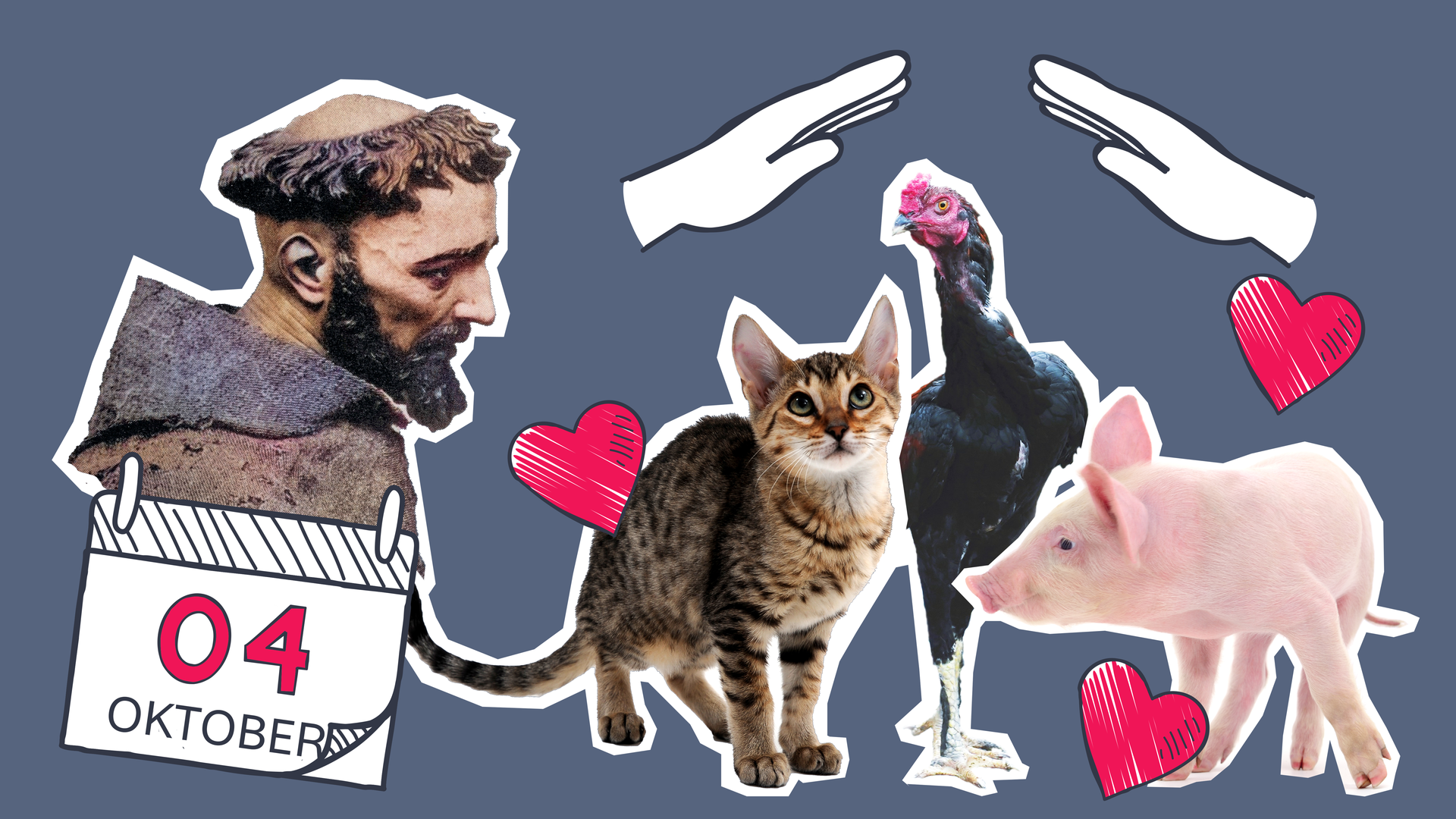 Mehrere Tiere unter schützenden Händen, Franz von Assisi, Kalender und Herzchen