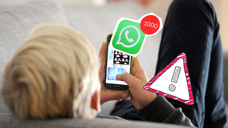 Kind mit Handy, 1.000 neue Nachrichten und Warnschild