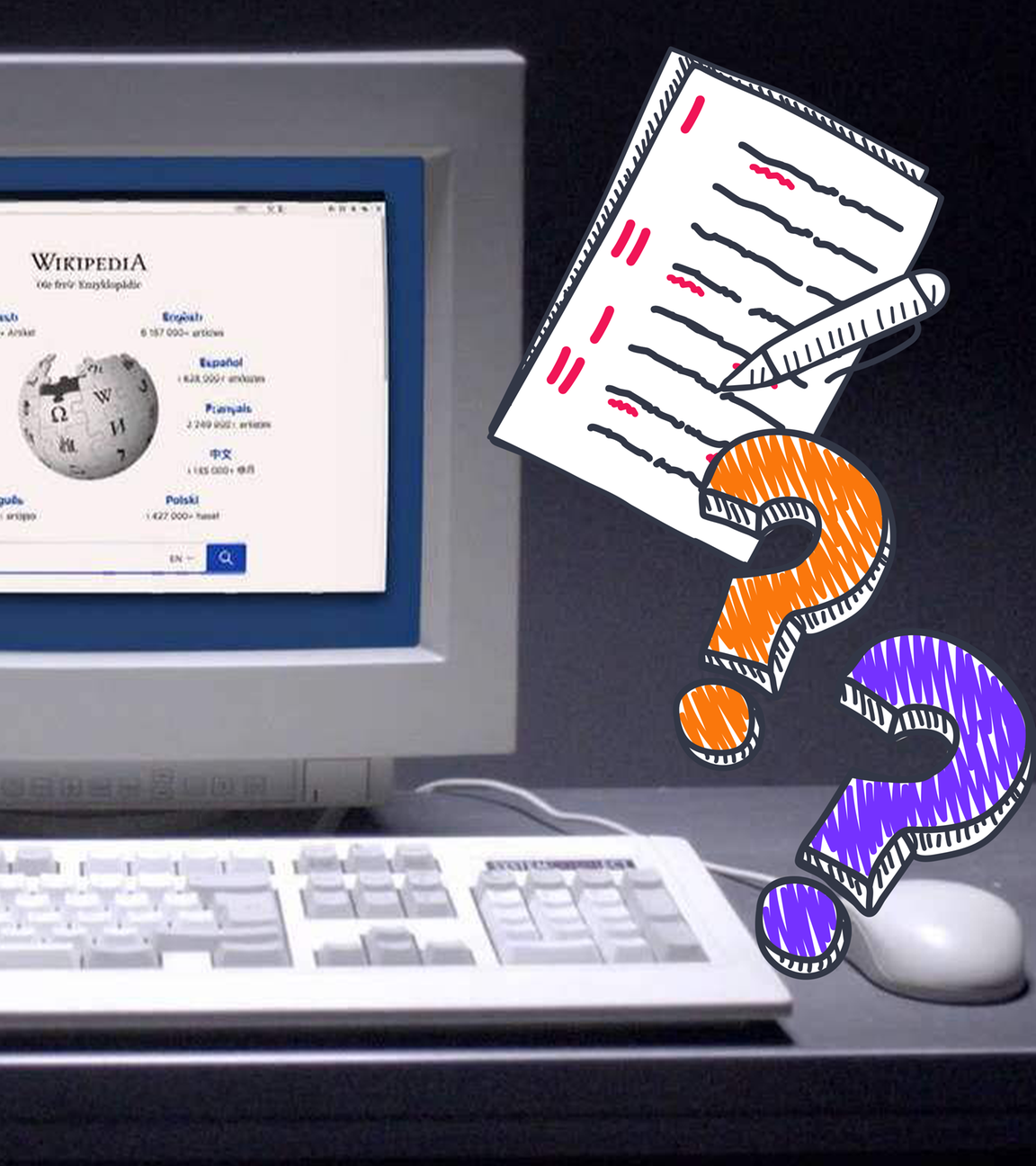 Computer mit Wikipedia und Grafiken zu Konzertticket, Büchern und Fehlern