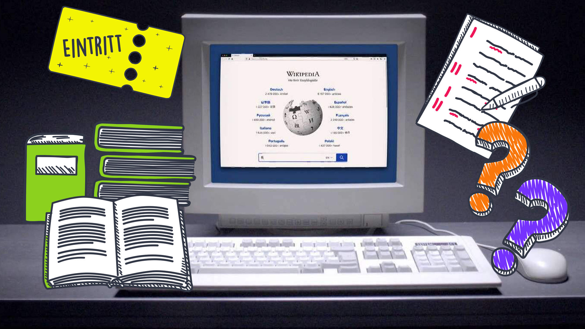 Computer mit Wikipedia und Grafiken zu Konzertticket, Büchern und Fehlern