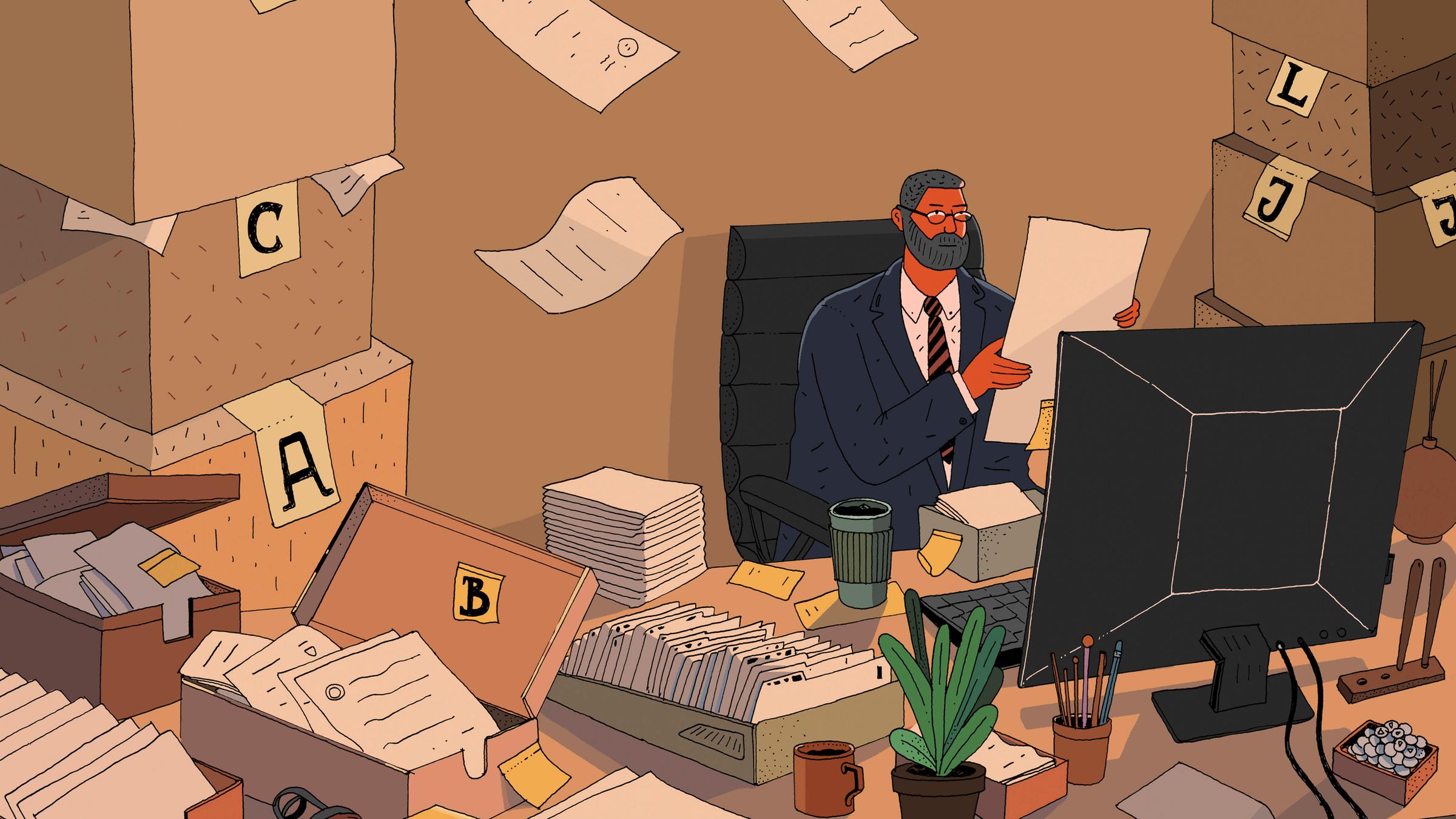 Ein Mensch, der ganz viel schreibt, Papier fliegt herum