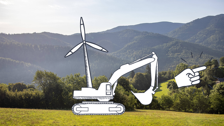 wINDRAD MIT DURCHGESTRICHENEN Bäumen, überraschtem Smilie und zeigender Hand